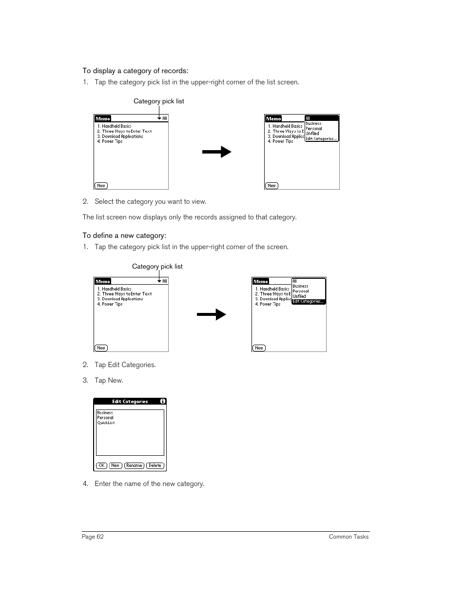 To display a category of records, To define a new category | Handspring 90 User Manual | Page 62 / 232