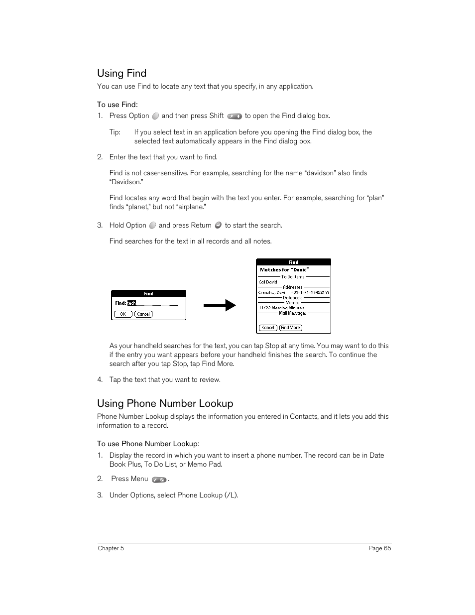 Using find, To use find, Using phone number lookup | To use phone number lookup, Using find using phone number lookup | Handspring 90 User Manual | Page 65 / 232