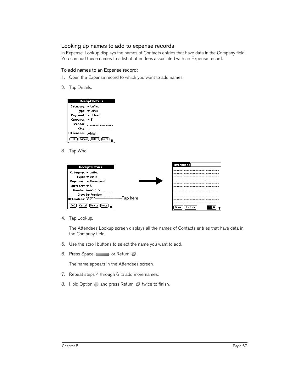 Looking up names to add to expense records, To add names to an expense record | Handspring 90 User Manual | Page 67 / 232