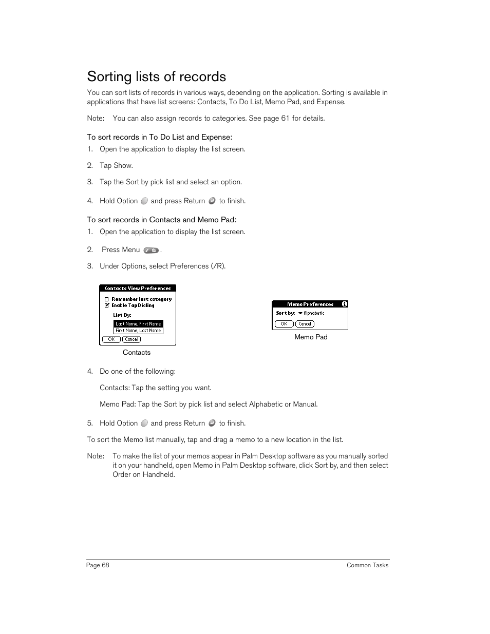 Sorting lists of records, To sort records in to do list and expense, To sort records in contacts and memo pad | Handspring 90 User Manual | Page 68 / 232