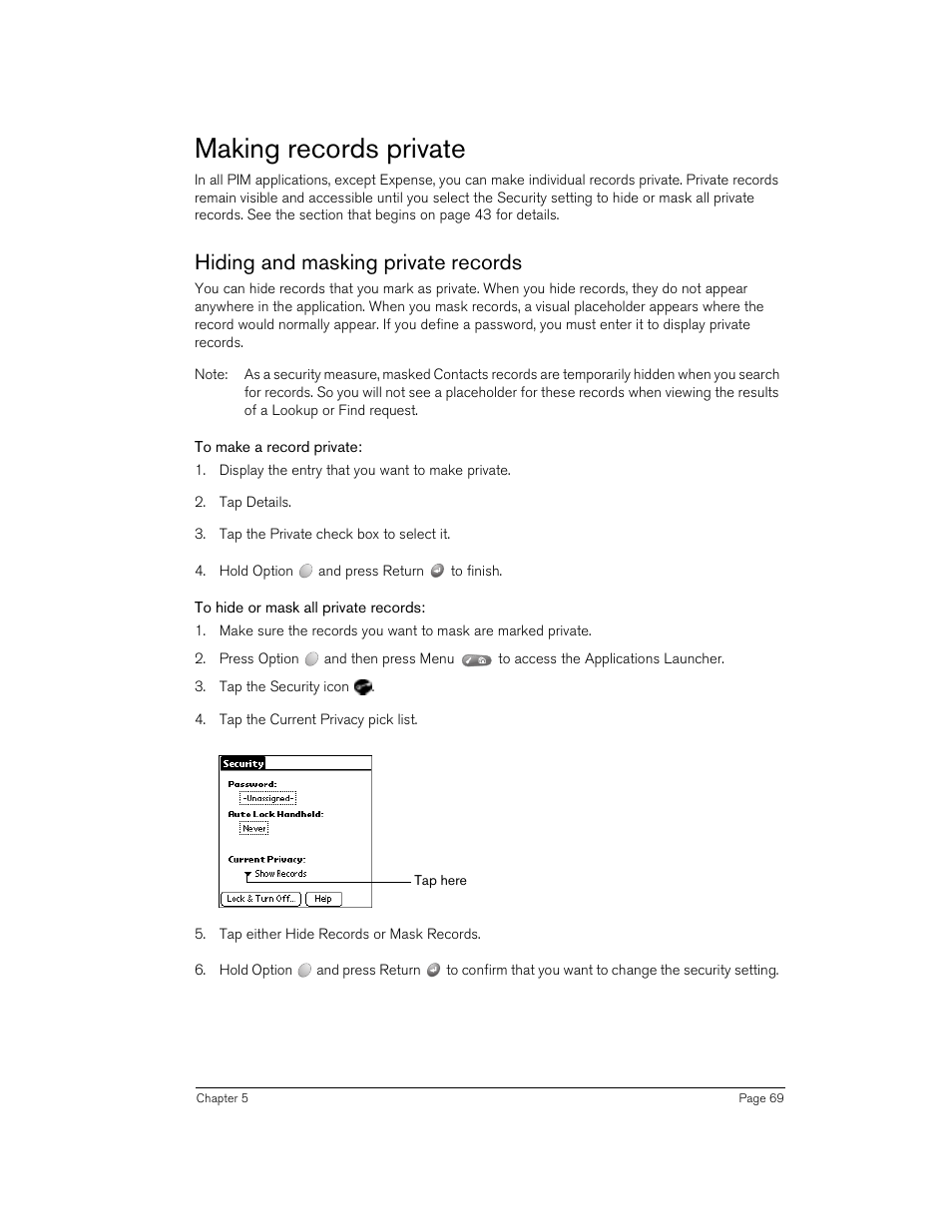 Making records private, Hiding and masking private records, To make a record private | To hide or mask all private records | Handspring 90 User Manual | Page 69 / 232