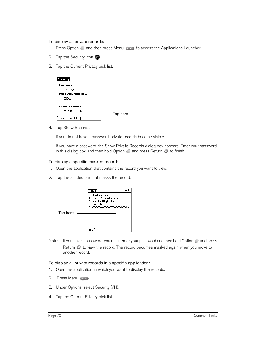 To display all private records, To display a specific masked record | Handspring 90 User Manual | Page 70 / 232