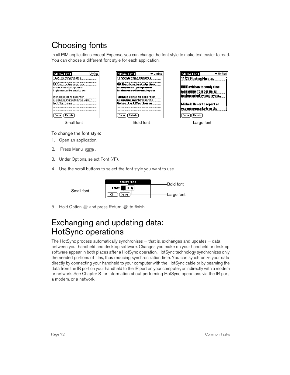 Choosing fonts, To change the font style, Exchanging and updating data: hotsync operations | Handspring 90 User Manual | Page 72 / 232