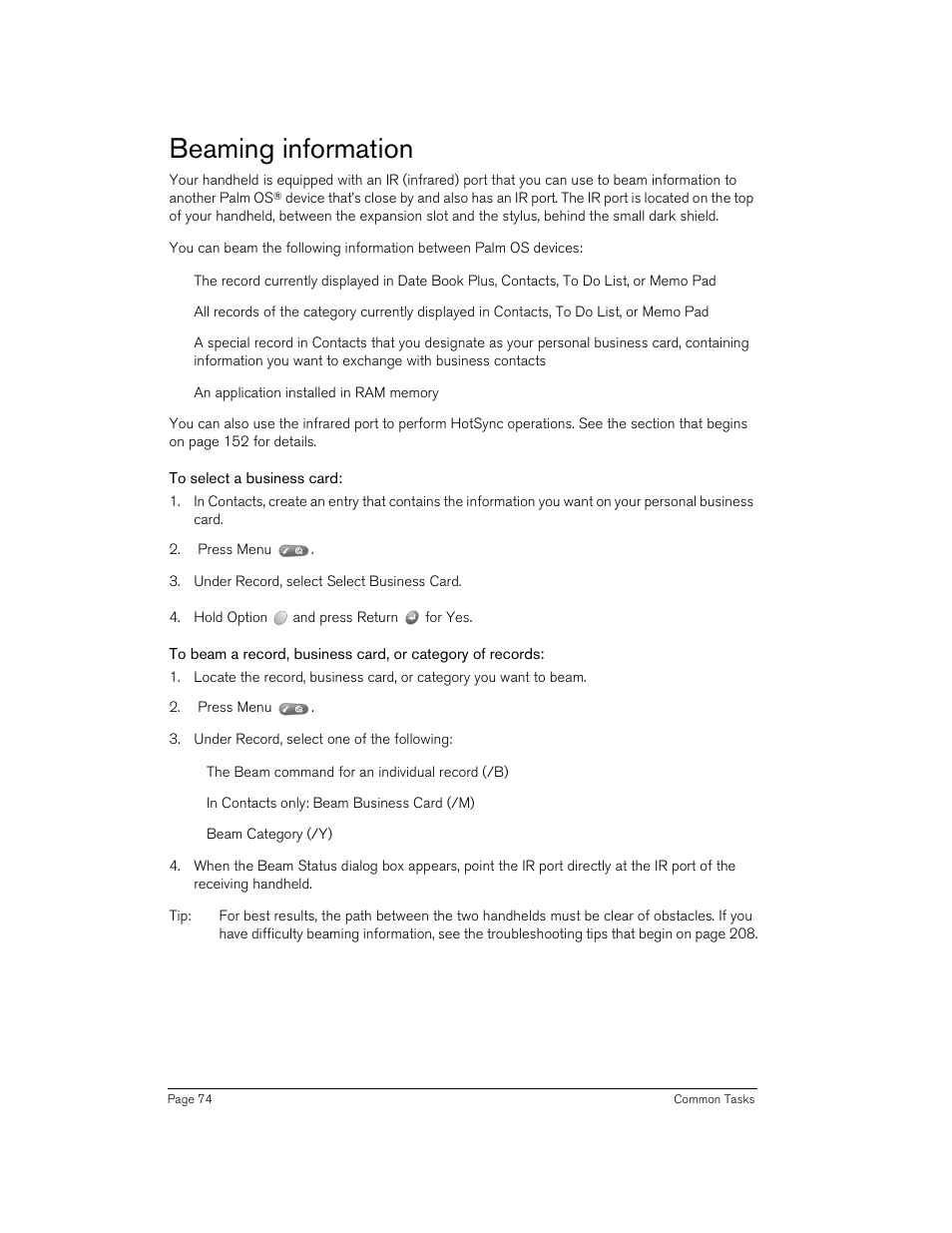 Beaming information, To select a business card, Ge 74 | Handspring 90 User Manual | Page 74 / 232