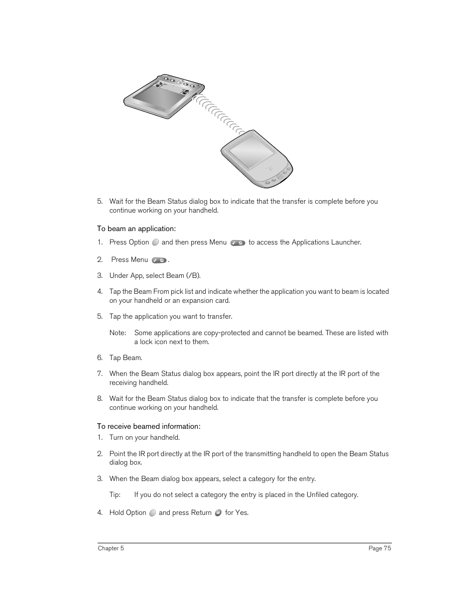 To beam an application, To receive beamed information | Handspring 90 User Manual | Page 75 / 232