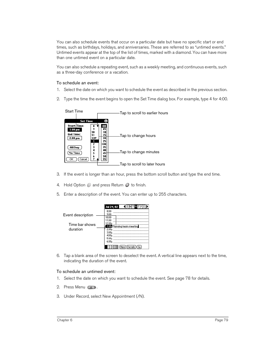 To schedule an event, To schedule an untimed event | Handspring 90 User Manual | Page 79 / 232