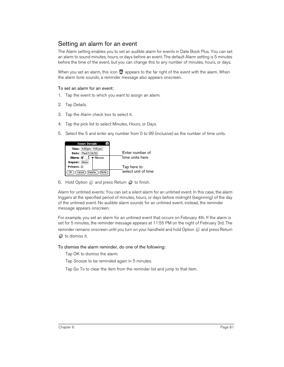 Setting an alarm for an event, To set an alarm for an event | Handspring 90 User Manual | Page 81 / 232