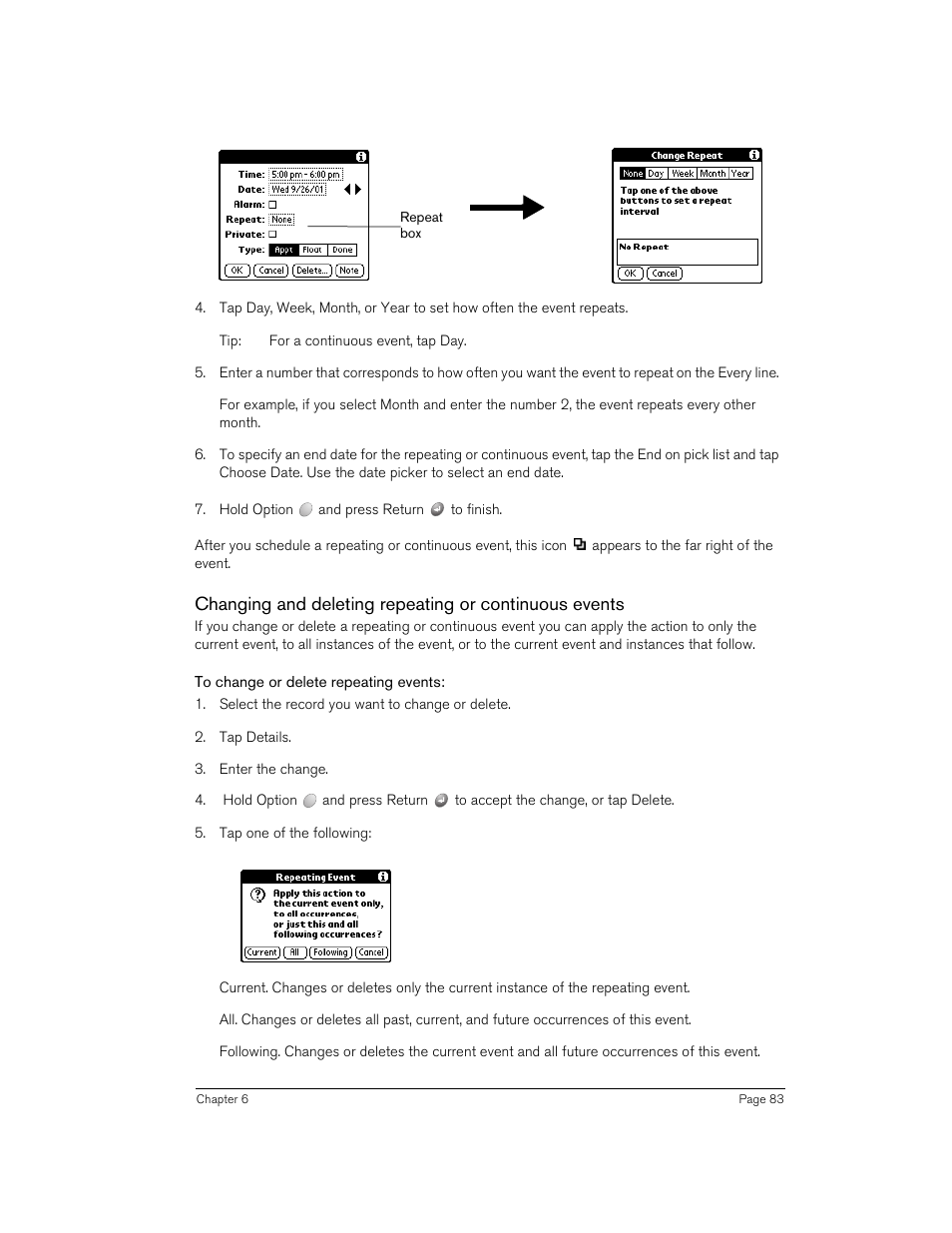 To change or delete repeating events | Handspring 90 User Manual | Page 83 / 232
