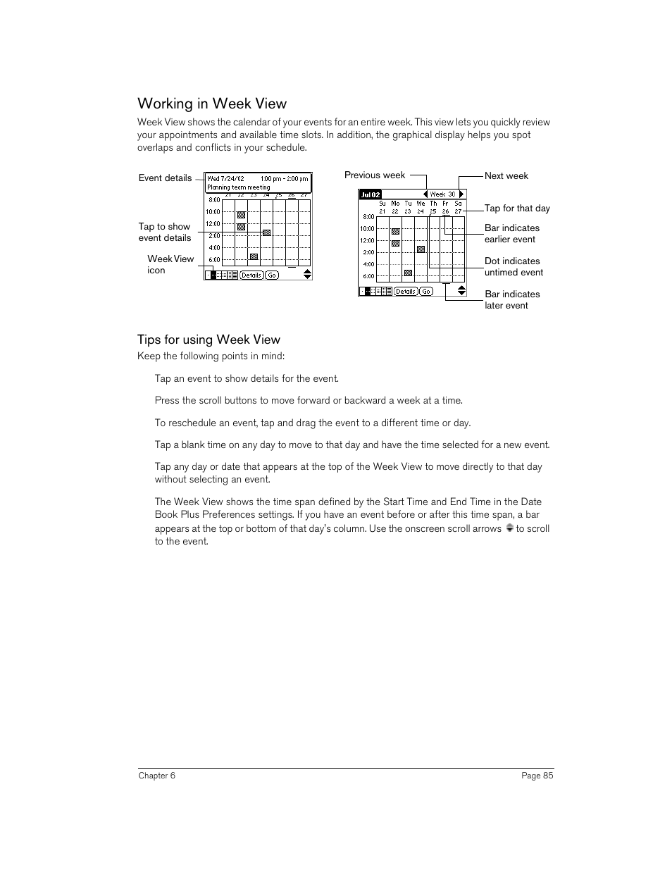 Working in week view, Tips for using week view | Handspring 90 User Manual | Page 85 / 232