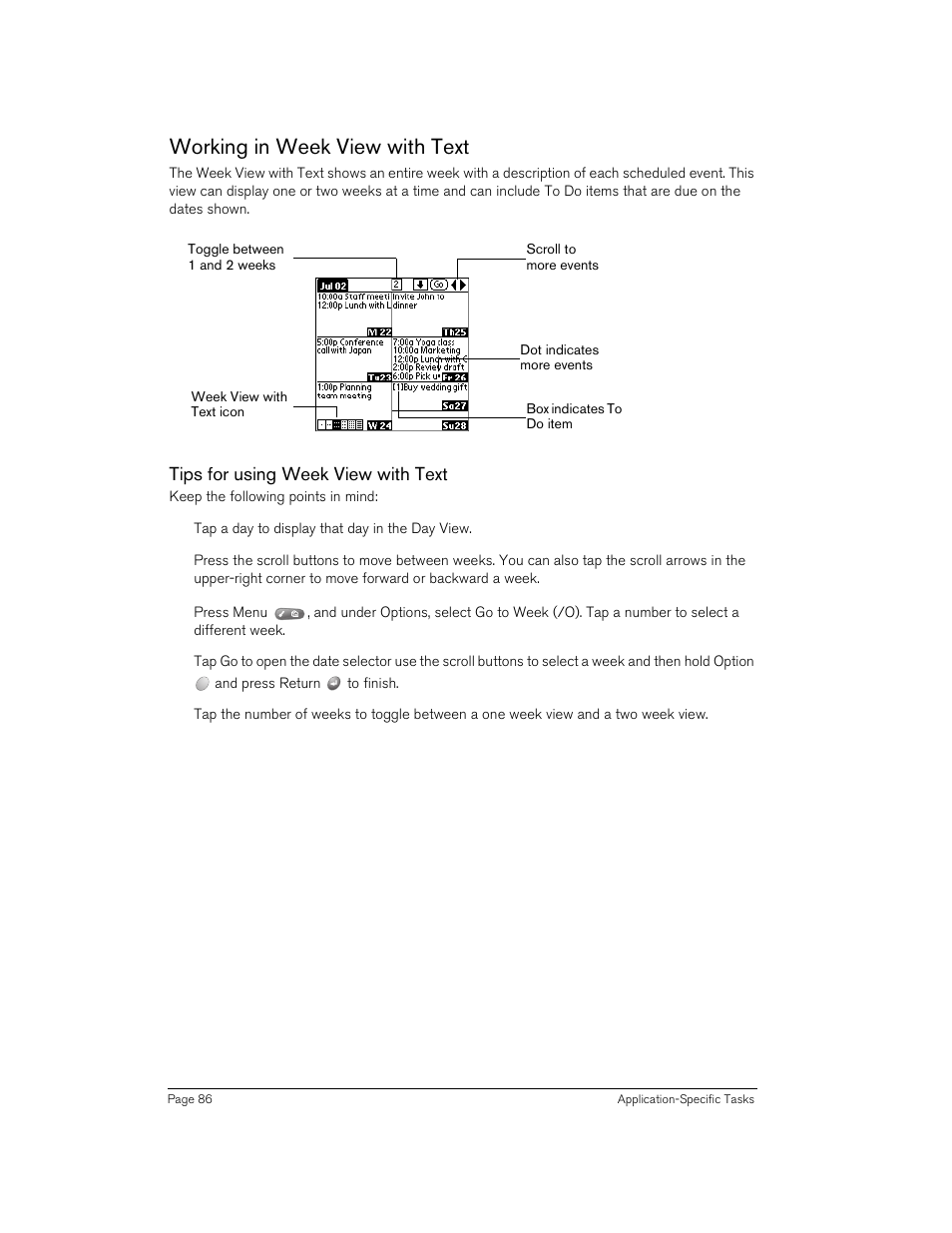 Working in week view with text, Tips for using week view with text | Handspring 90 User Manual | Page 86 / 232