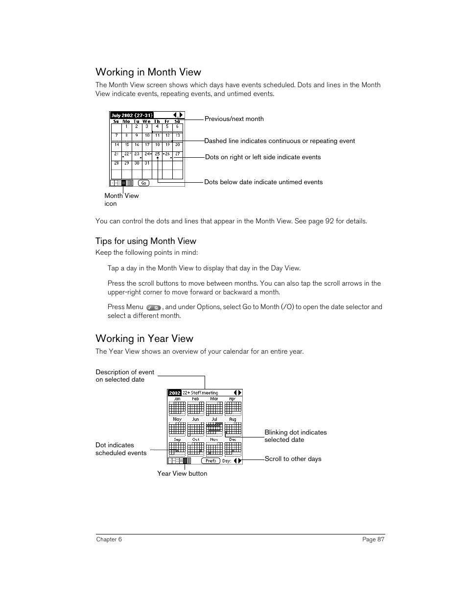 Working in month view, Tips for using month view, Working in year view | Working in month view working in year view | Handspring 90 User Manual | Page 87 / 232