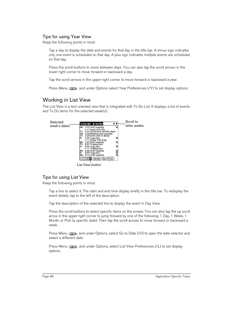 Tips for using year view, Working in list view, Tips for using list view | Handspring 90 User Manual | Page 88 / 232