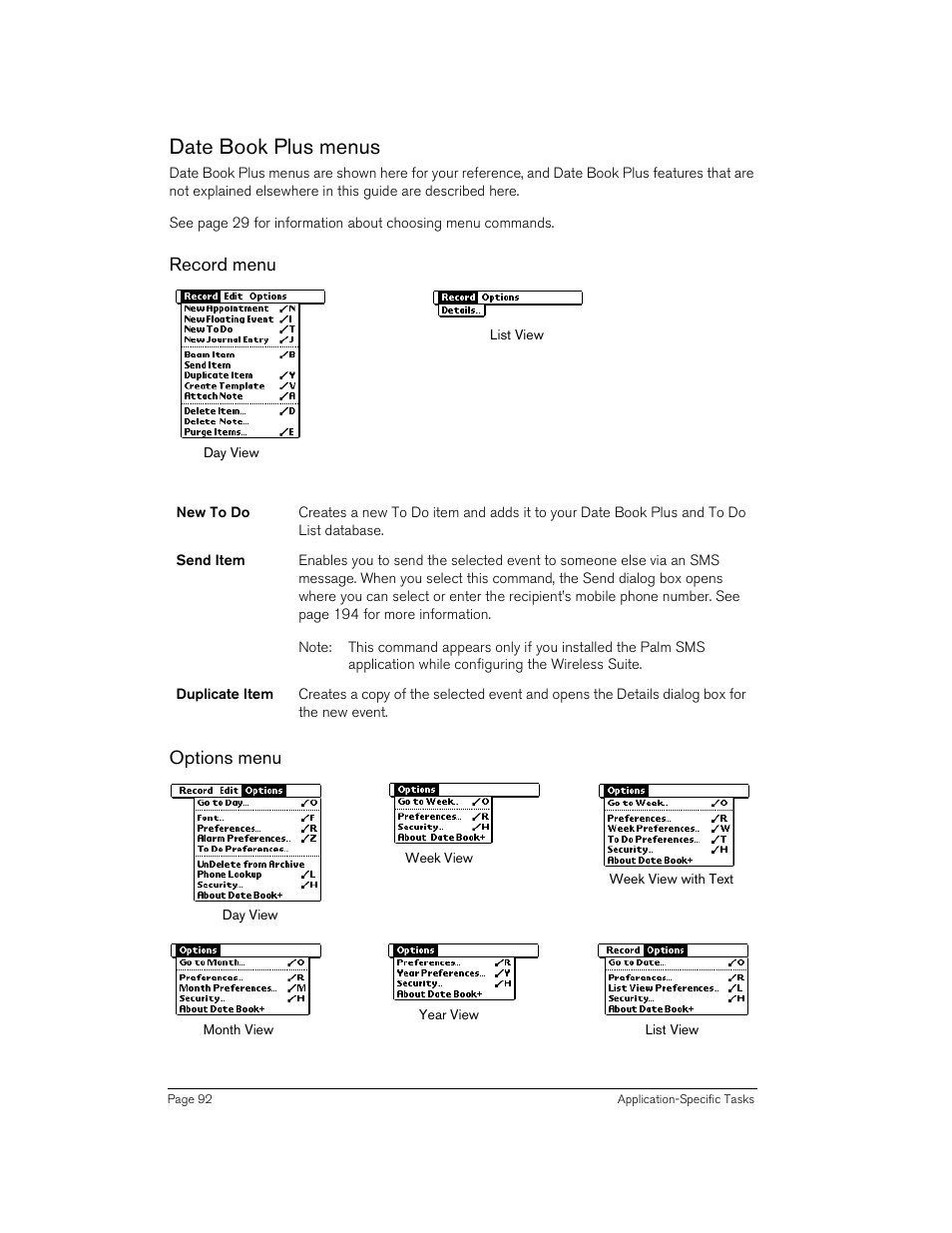 Date book plus menus, Record menu, Options menu | Handspring 90 User Manual | Page 92 / 232