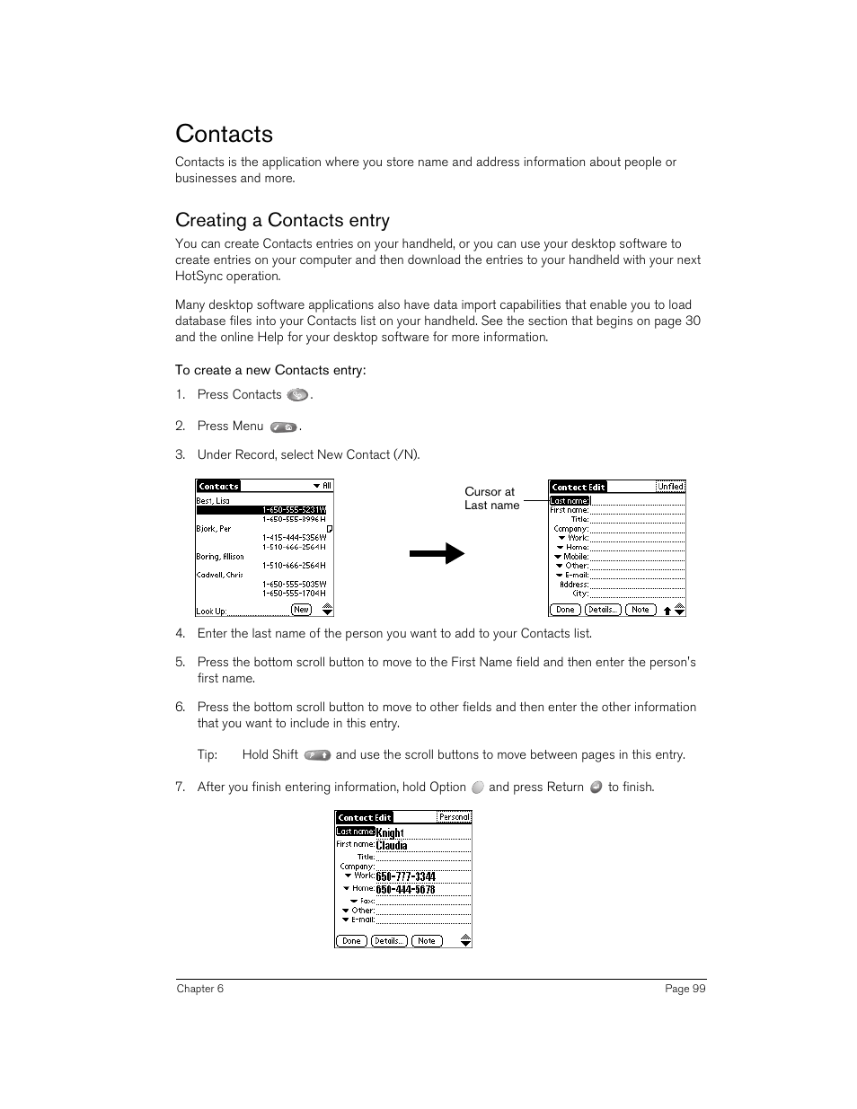 Contacts, Creating a contacts entry, To create a new contacts entry | Handspring 90 User Manual | Page 99 / 232