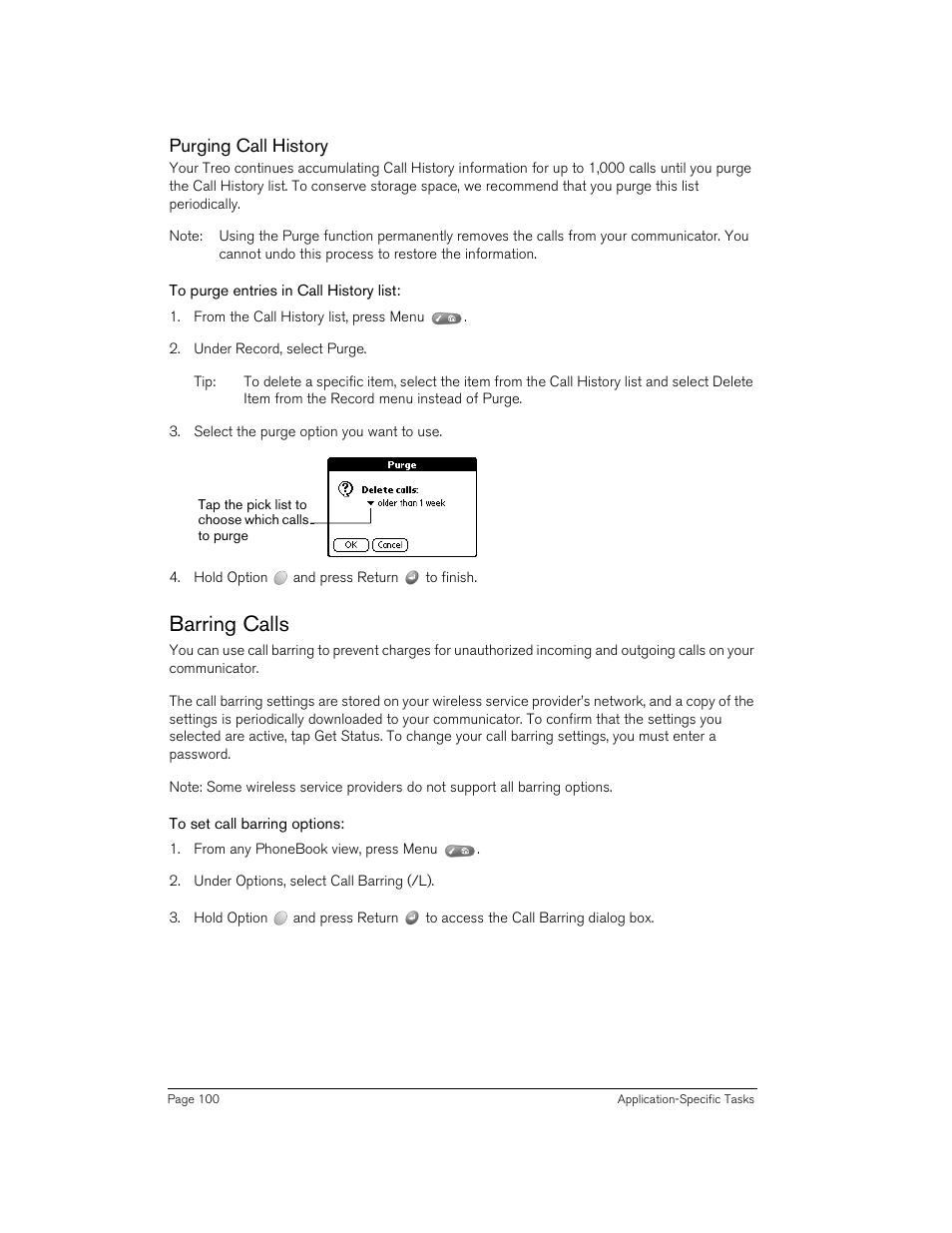Purging call history, To purge entries in call history list, Barring calls | To set call barring options | Handspring 270 User Manual | Page 100 / 257