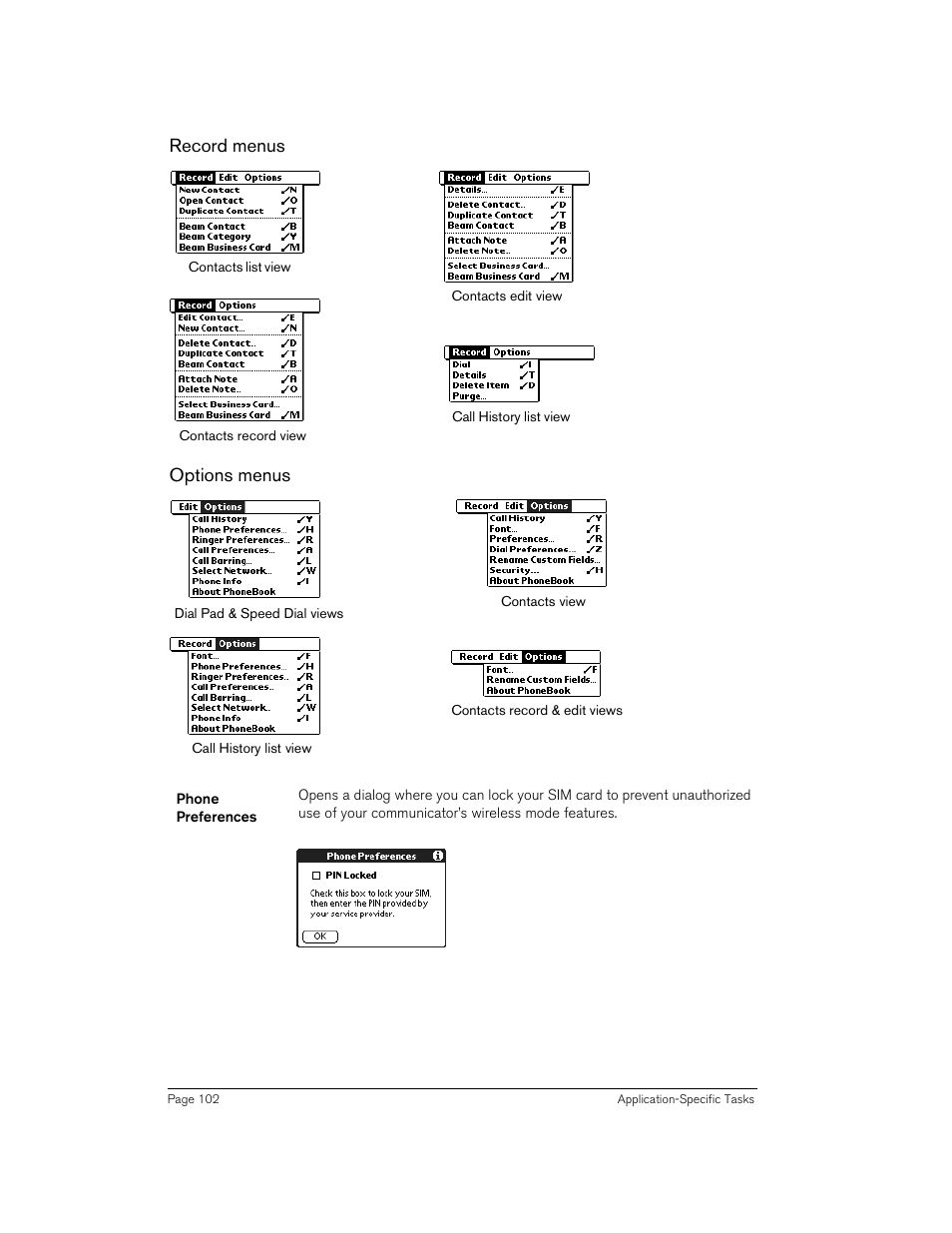 Record menus, Options menus | Handspring 270 User Manual | Page 102 / 257