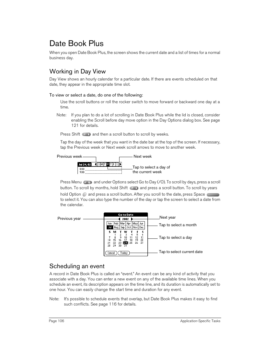Date book plus, Working in day view, To view or select a date, do one of the following | Scheduling an event, Working in day view scheduling an event | Handspring 270 User Manual | Page 106 / 257