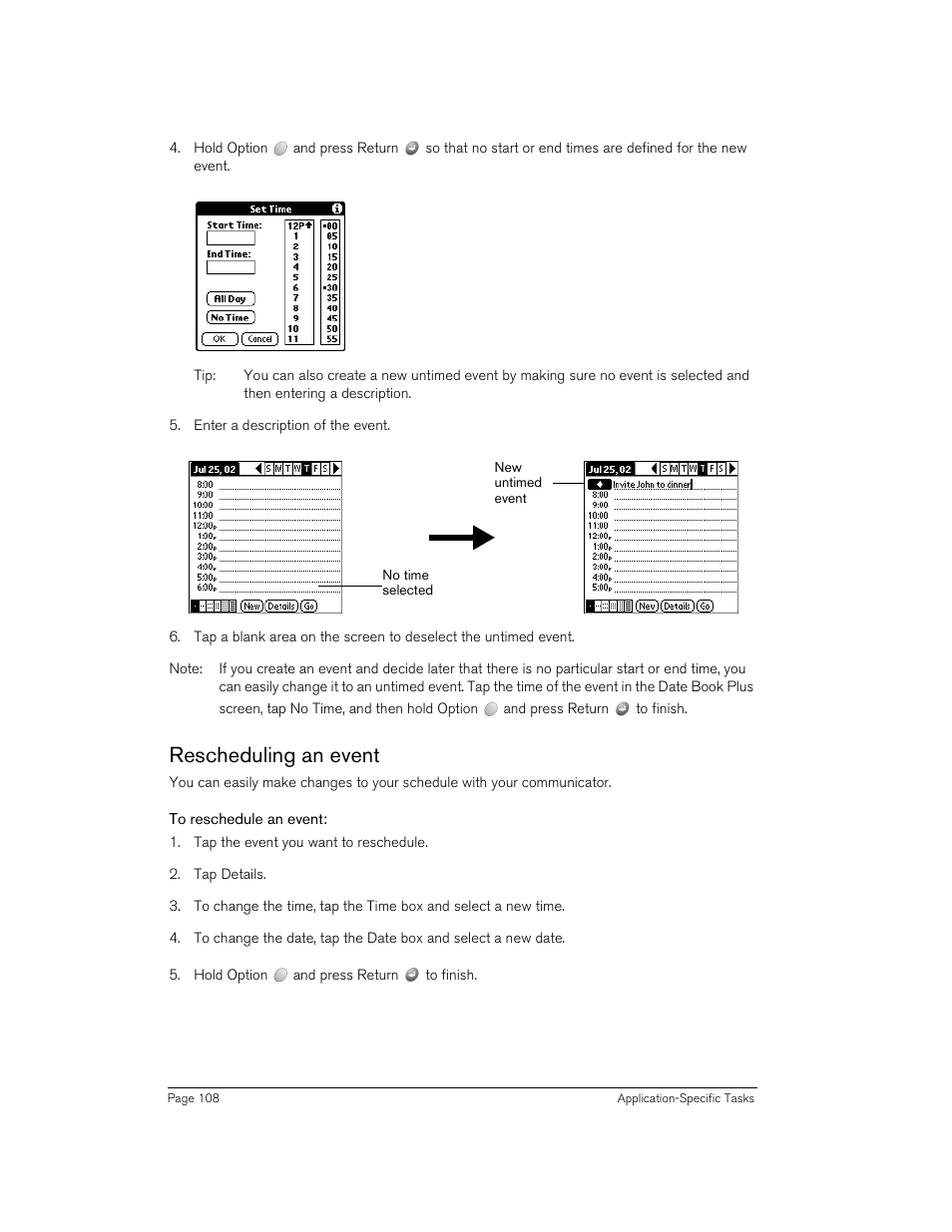 Rescheduling an event, To reschedule an event | Handspring 270 User Manual | Page 108 / 257