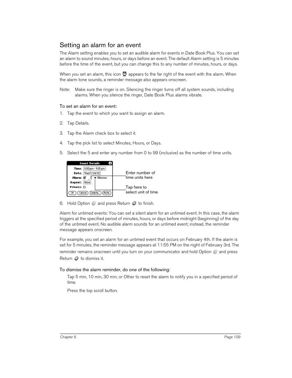 Setting an alarm for an event, To set an alarm for an event | Handspring 270 User Manual | Page 109 / 257