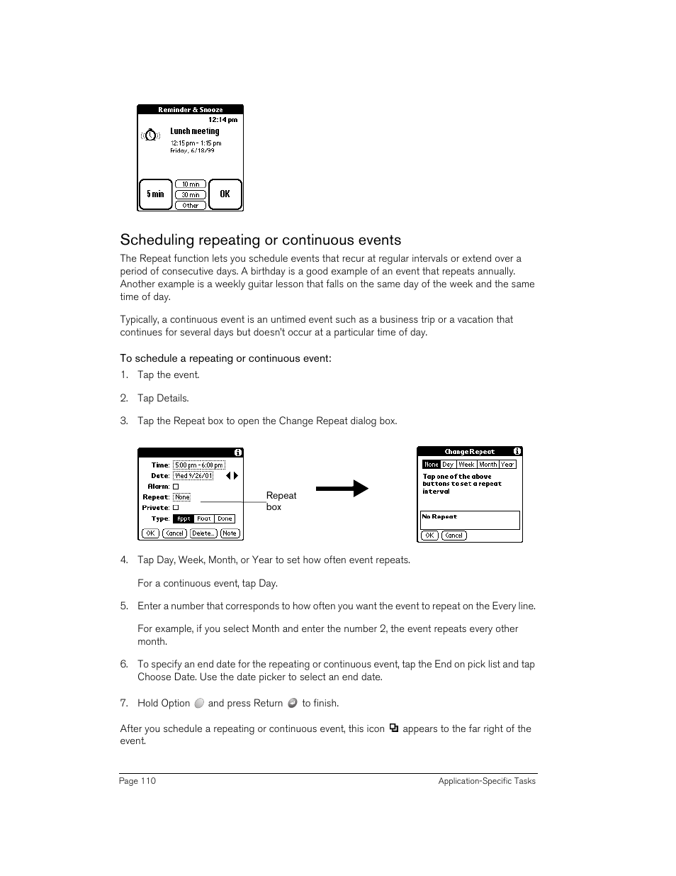 Scheduling repeating or continuous events, To schedule a repeating or continuous event | Handspring 270 User Manual | Page 110 / 257
