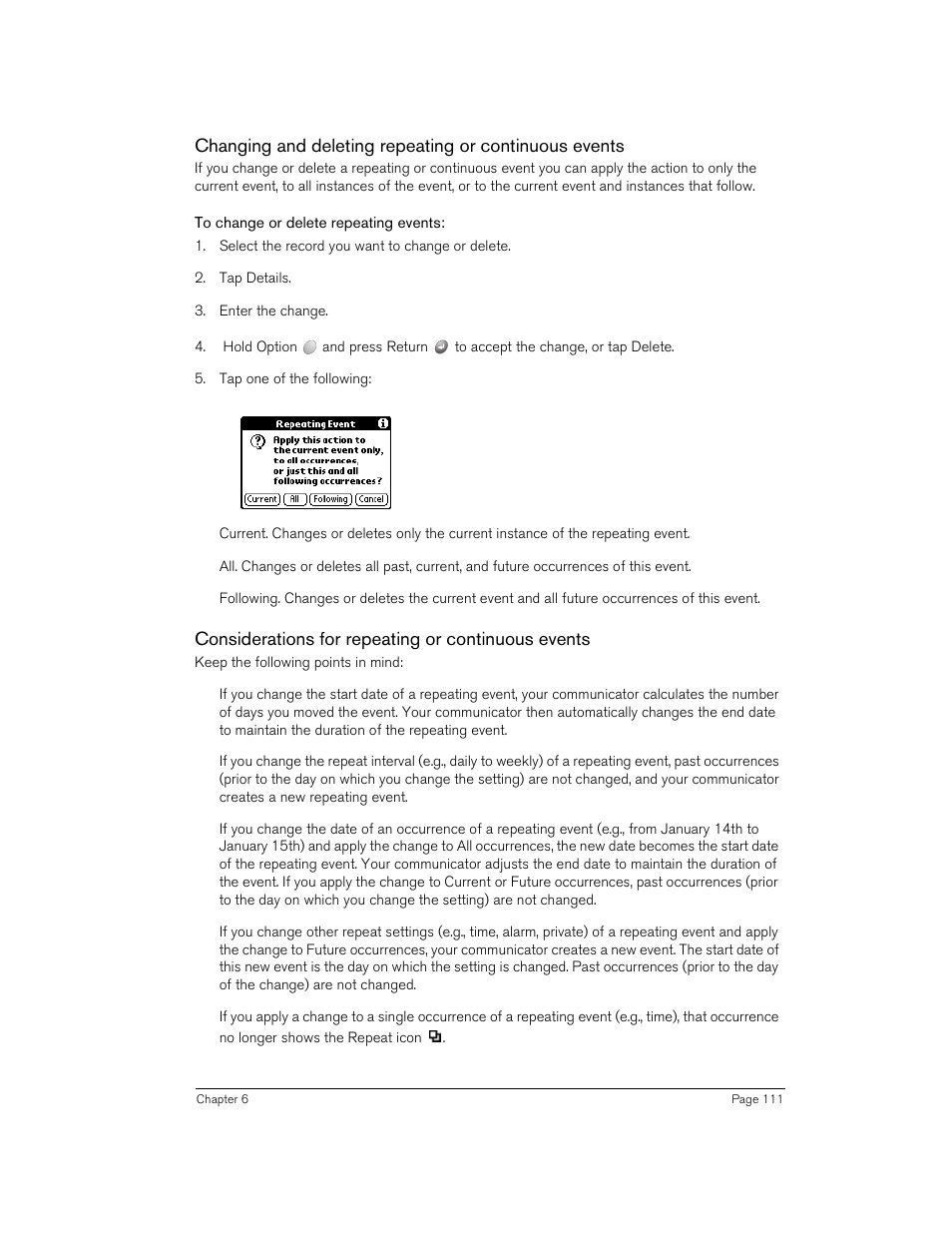 To change or delete repeating events, Considerations for repeating or continuous events | Handspring 270 User Manual | Page 111 / 257
