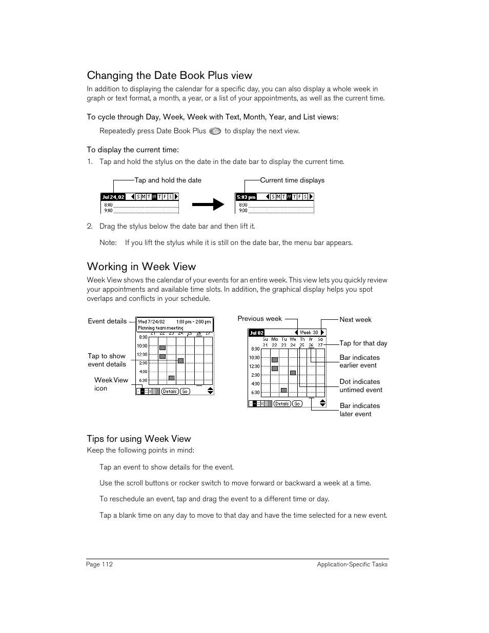 Changing the date book plus view, To display the current time, Working in week view | Tips for using week view | Handspring 270 User Manual | Page 112 / 257
