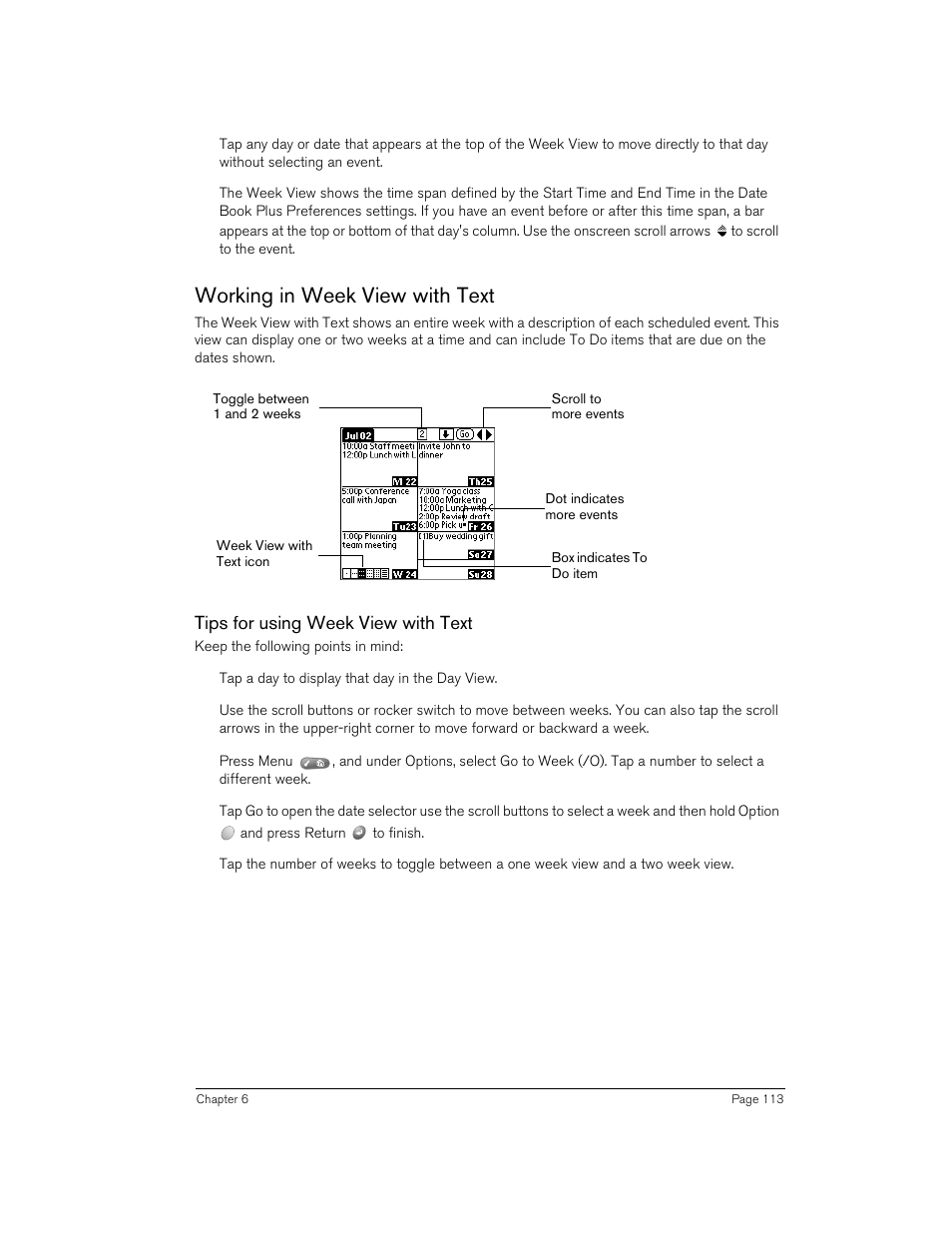 Working in week view with text, Tips for using week view with text | Handspring 270 User Manual | Page 113 / 257