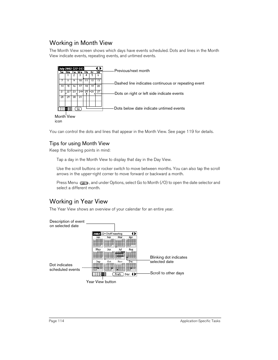 Working in month view, Tips for using month view, Working in year view | Working in month view working in year view | Handspring 270 User Manual | Page 114 / 257