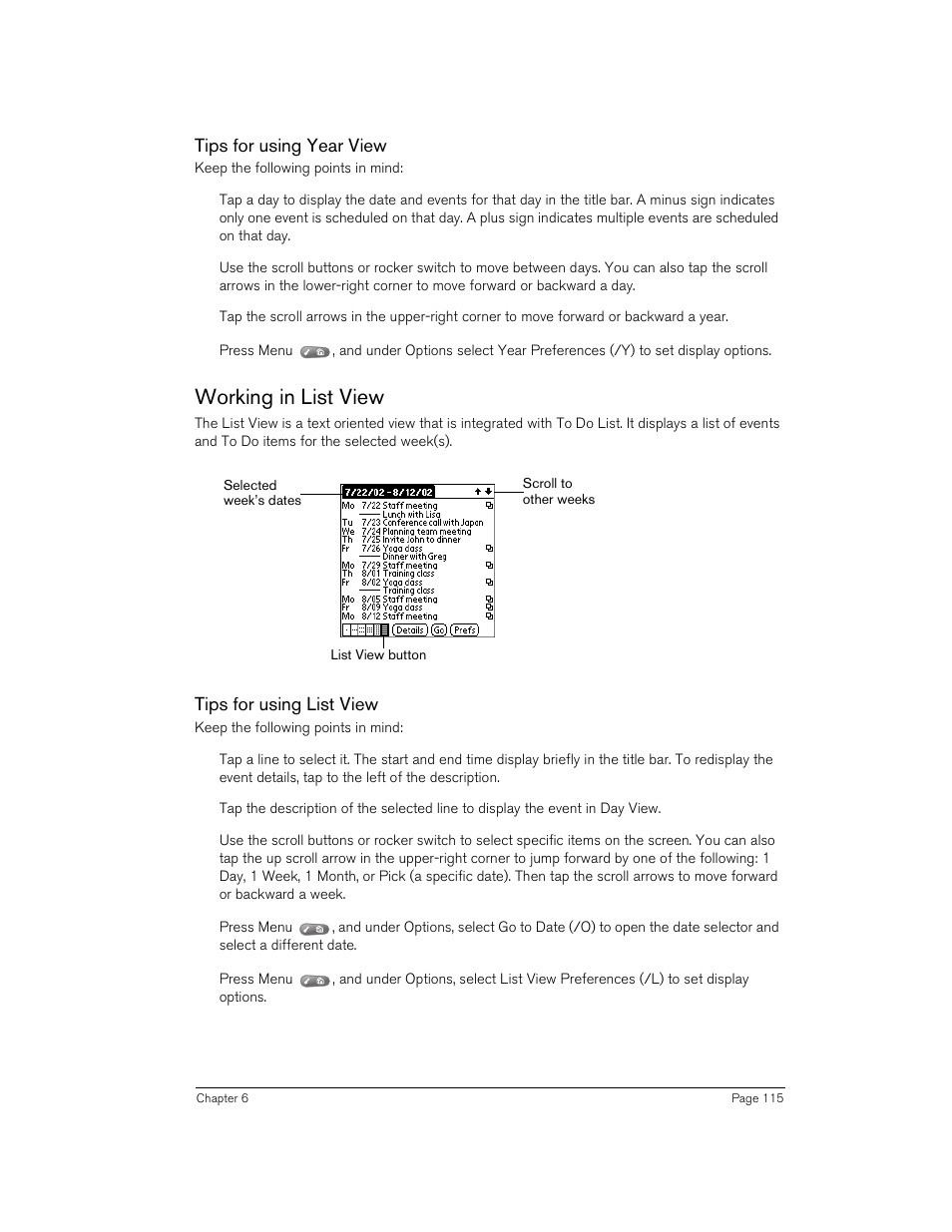 Tips for using year view, Working in list view, Tips for using list view | Handspring 270 User Manual | Page 115 / 257