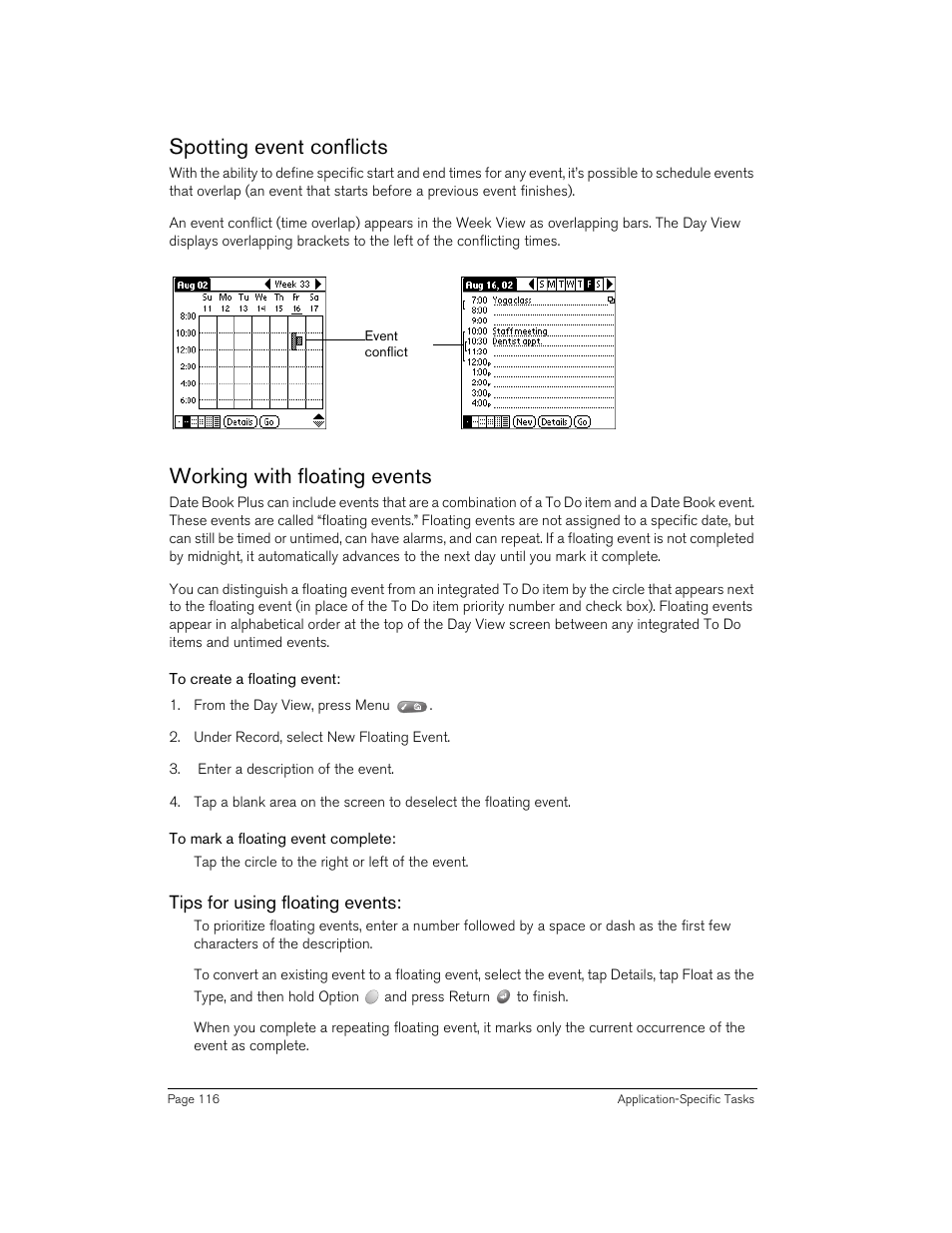 Spotting event conflicts, Working with floating events, To create a floating event | To mark a floating event complete, Tips for using floating events | Handspring 270 User Manual | Page 116 / 257