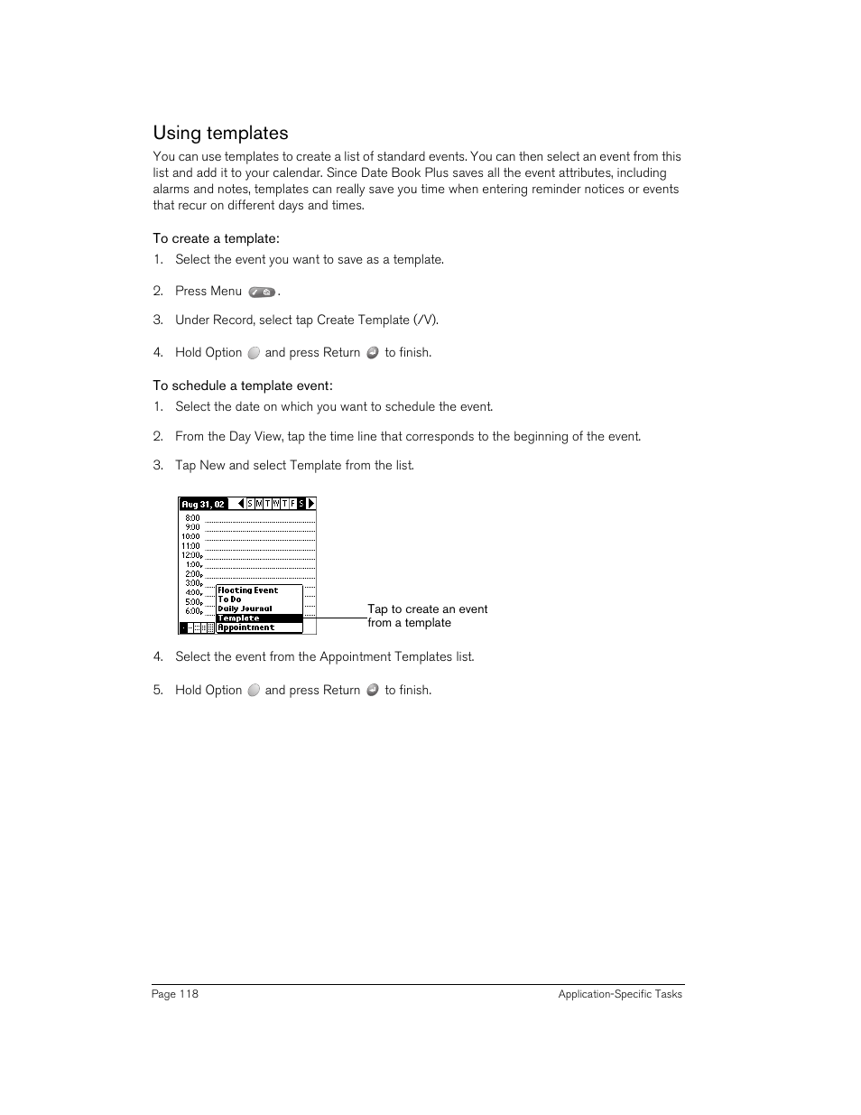 Using templates, To create a template, To schedule a template event | Handspring 270 User Manual | Page 118 / 257