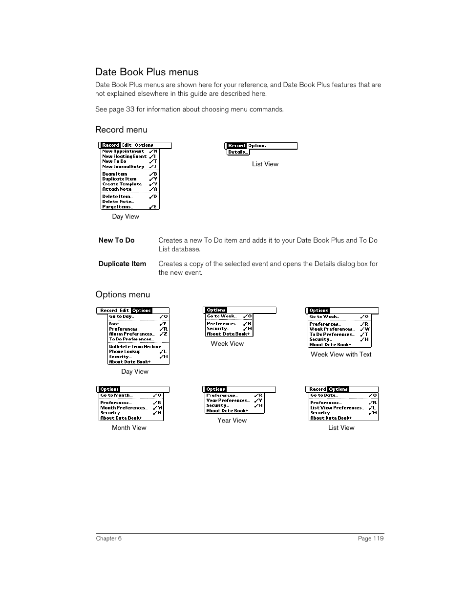 Date book plus menus, Record menu, Options menu | Calculator menus | Handspring 270 User Manual | Page 119 / 257