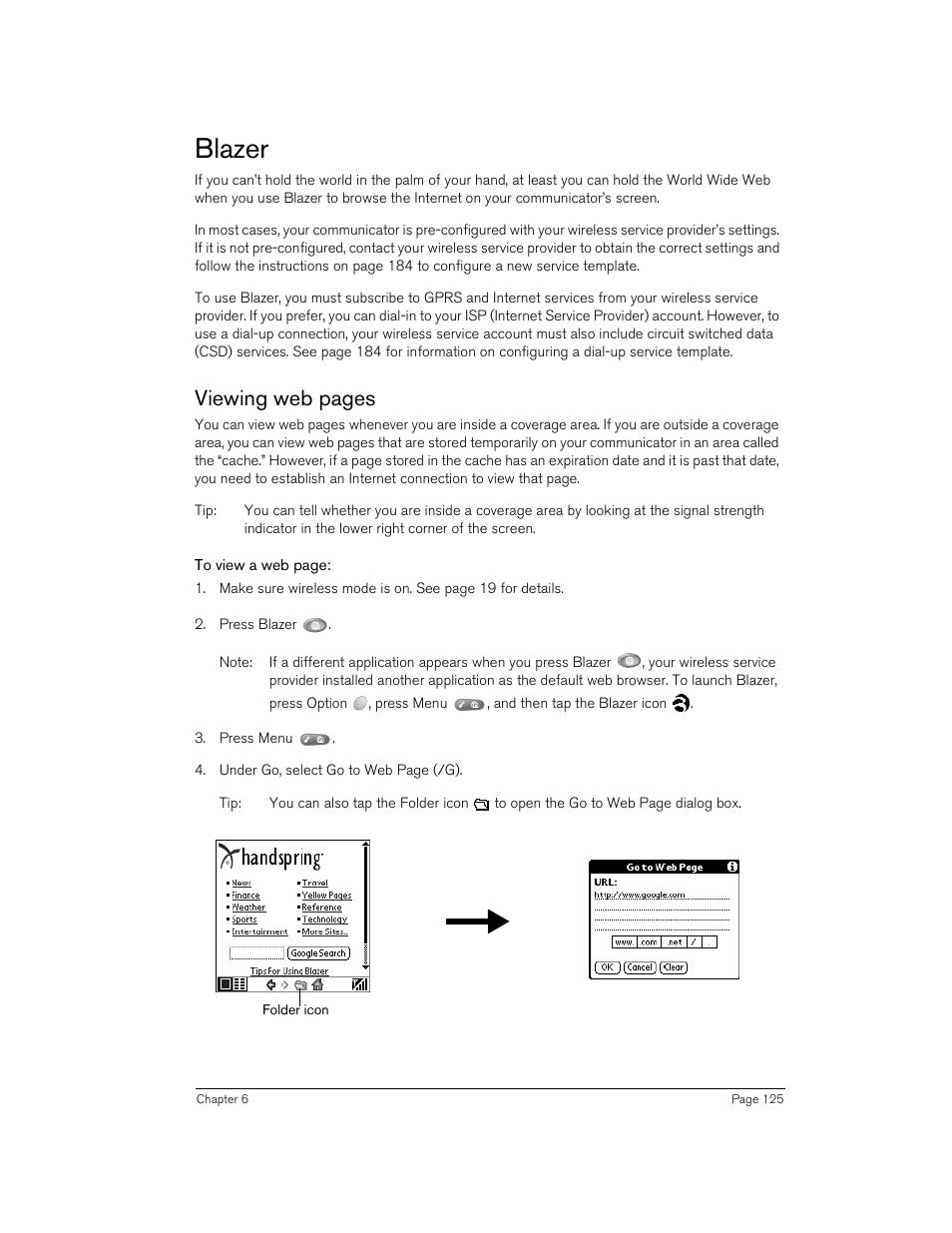 Blazer, Viewing web pages | Handspring 270 User Manual | Page 125 / 257