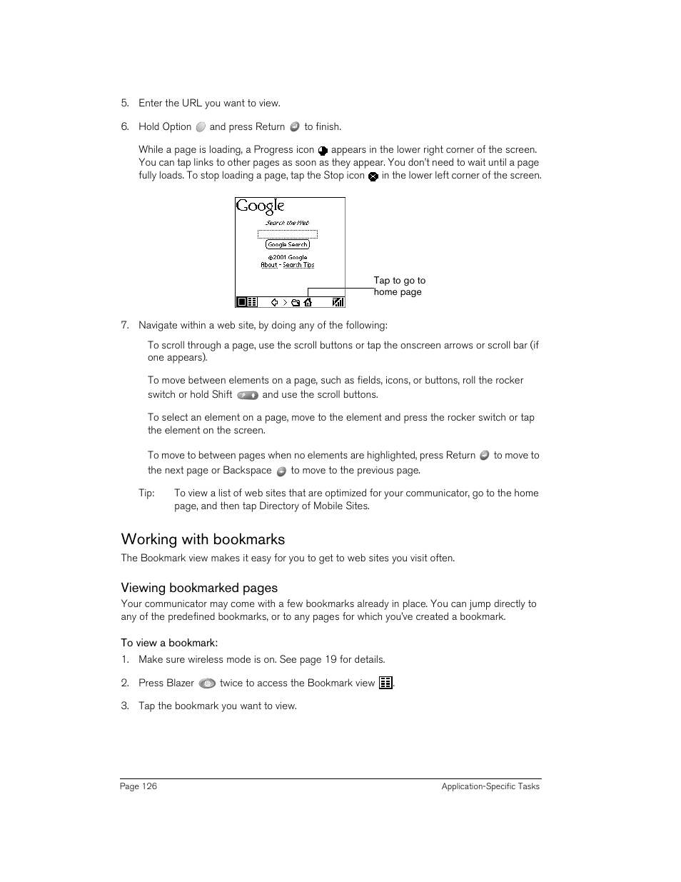 Working with bookmarks, To view a bookmark, Viewing bookmarked pages | Handspring 270 User Manual | Page 126 / 257