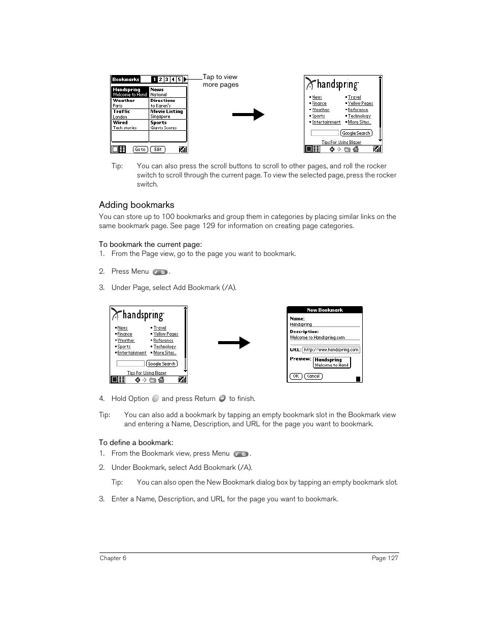 Adding bookmarks, To define a bookmark | Handspring 270 User Manual | Page 127 / 257