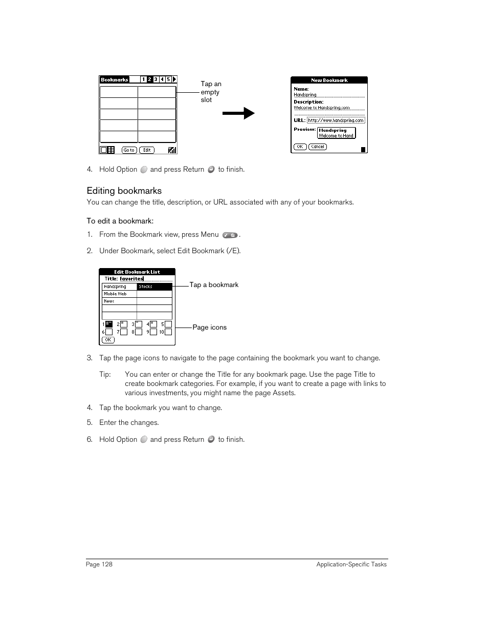 Editing bookmarks, To edit a bookmark | Handspring 270 User Manual | Page 128 / 257