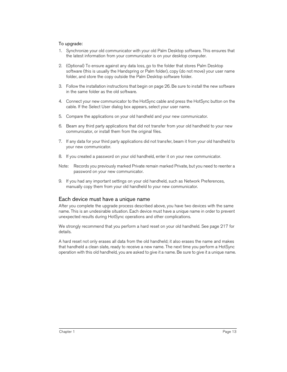 To upgrade, Each device must have a unique name | Handspring 270 User Manual | Page 13 / 257