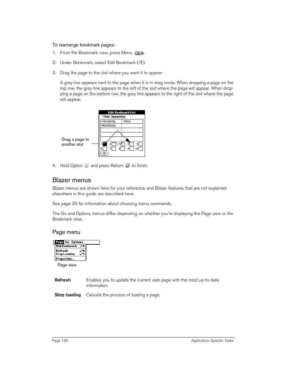 Blazer menus, Page menu | Handspring 270 User Manual | Page 130 / 257