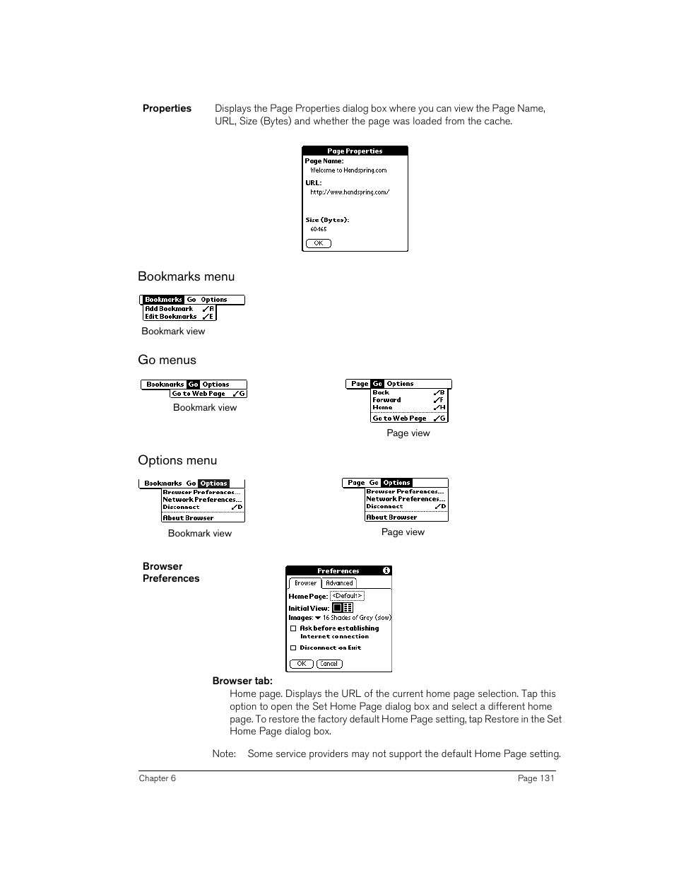 Bookmarks menu, Go menus, Options menu | Handspring 270 User Manual | Page 131 / 257
