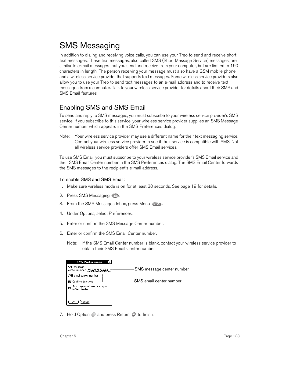 Sms messaging, Enabling sms and sms email, To enable sms and sms email | Handspring 270 User Manual | Page 133 / 257