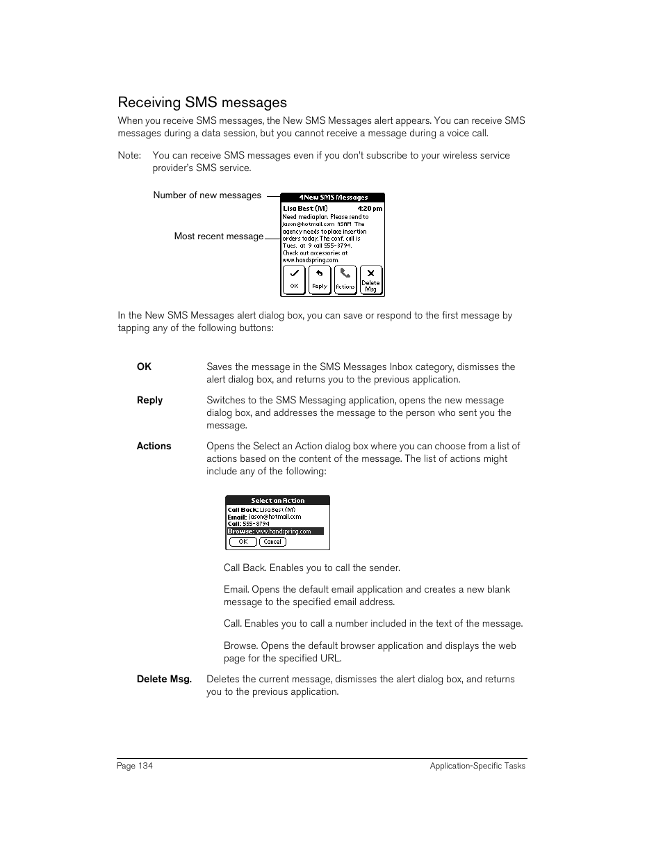 Receiving sms messages | Handspring 270 User Manual | Page 134 / 257