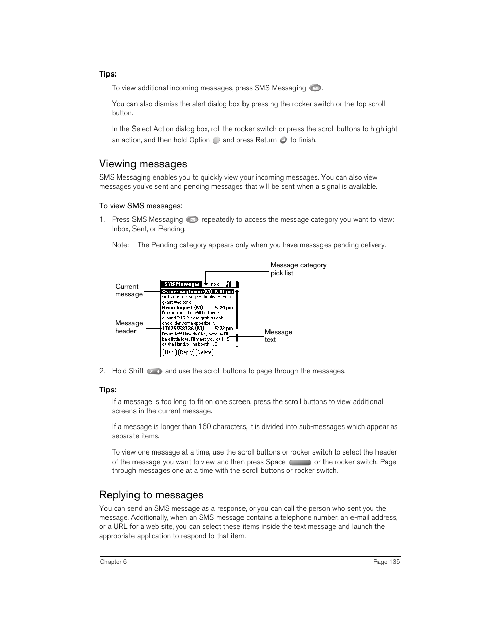 Tips, Viewing messages, To view sms messages | Replying to messages, Viewing messages replying to messages | Handspring 270 User Manual | Page 135 / 257