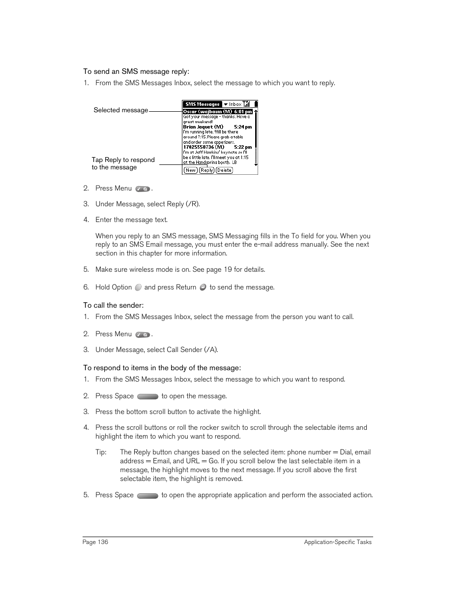 To send an sms message reply, To call the sender, To respond to items in the body of the message | Handspring 270 User Manual | Page 136 / 257