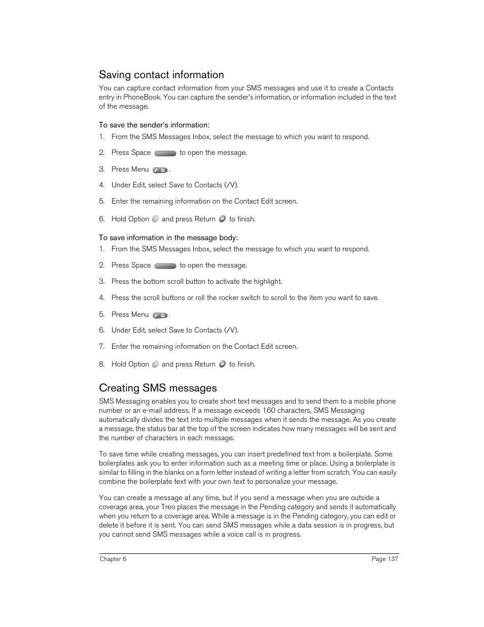 Saving contact information, To save the sender’s information, To save information in the message body | Creating sms messages, Saving contact information creating sms messages | Handspring 270 User Manual | Page 137 / 257