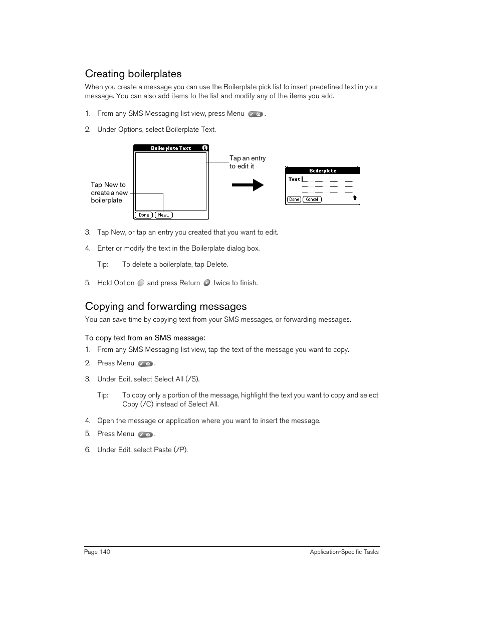 Creating boilerplates, Copying and forwarding messages, To copy text from an sms message | Handspring 270 User Manual | Page 140 / 257