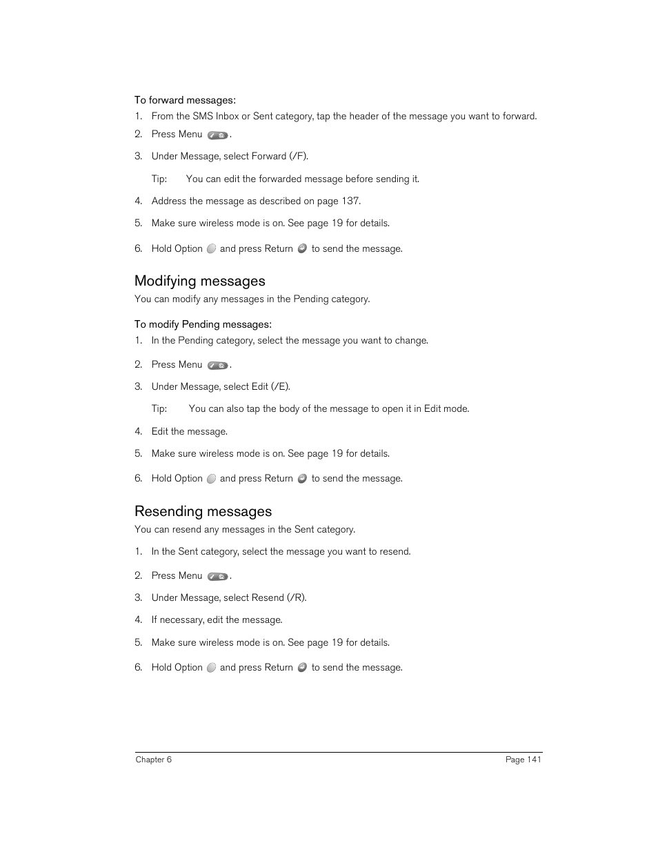 To forward messages, Modifying messages, To modify pending messages | Resending messages, Modifying messages resending messages | Handspring 270 User Manual | Page 141 / 257