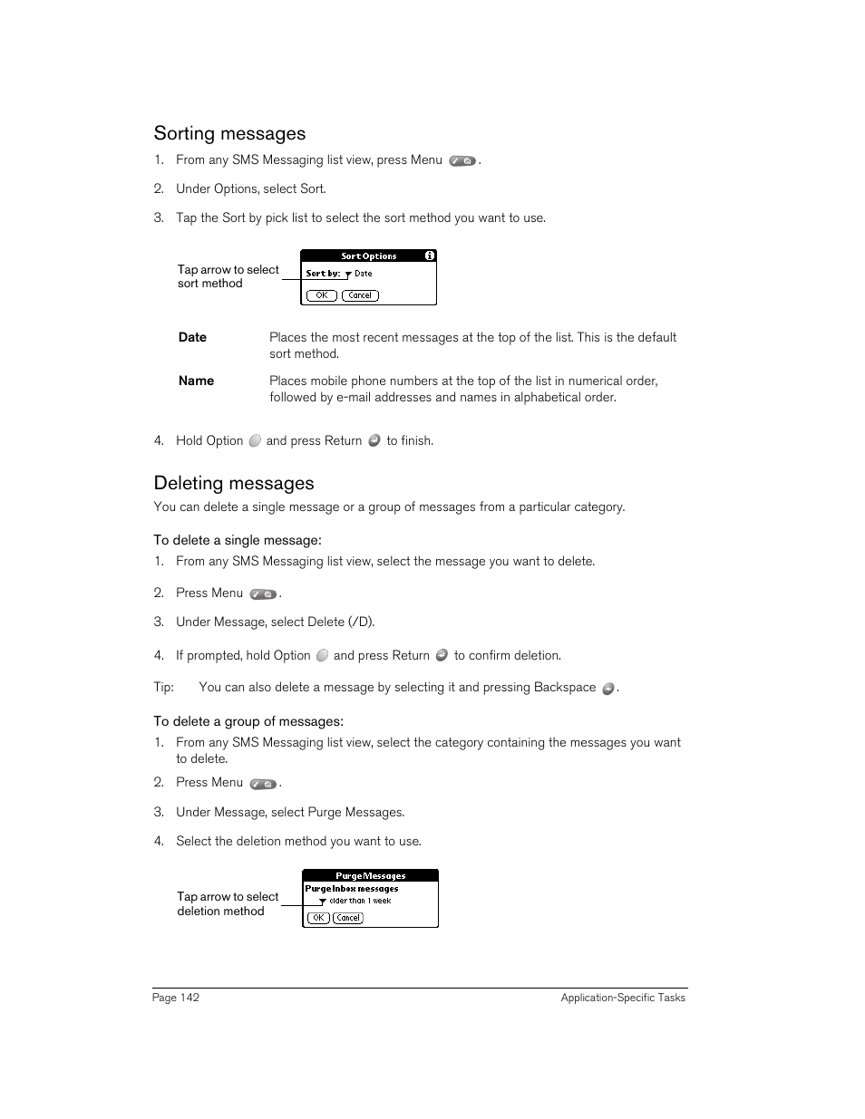 Sorting messages, Deleting messages, To delete a single message | To delete a group of messages, Sorting messages deleting messages | Handspring 270 User Manual | Page 142 / 257