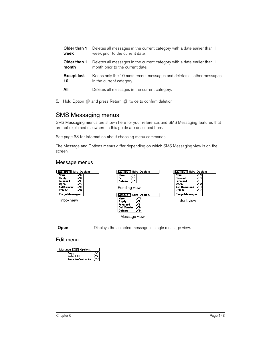 Sms messaging menus, Message menus, Edit menu | Handspring 270 User Manual | Page 143 / 257