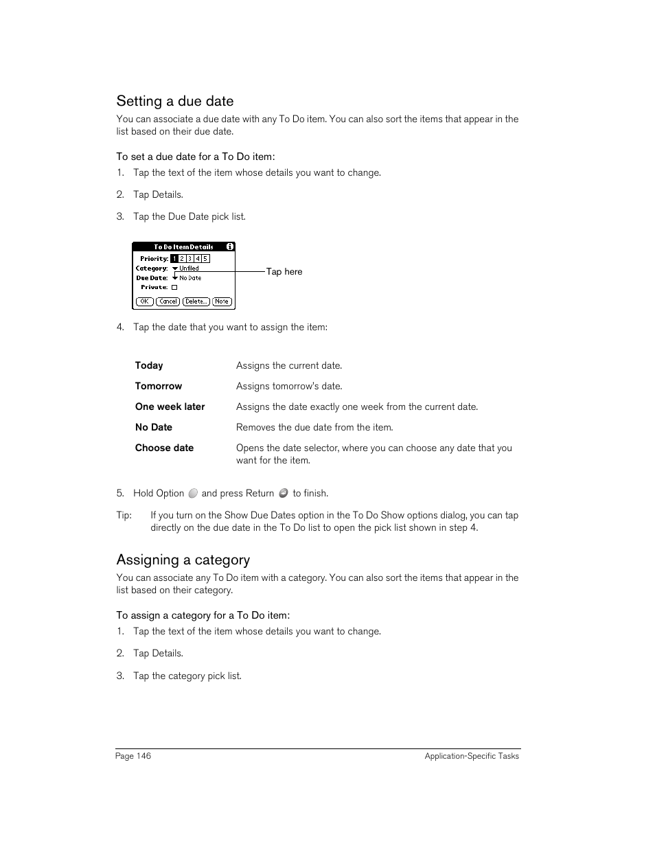 Setting a due date, To set a due date for a to do item, Assigning a category | To assign a category for a to do item, Setting a due date assigning a category | Handspring 270 User Manual | Page 146 / 257