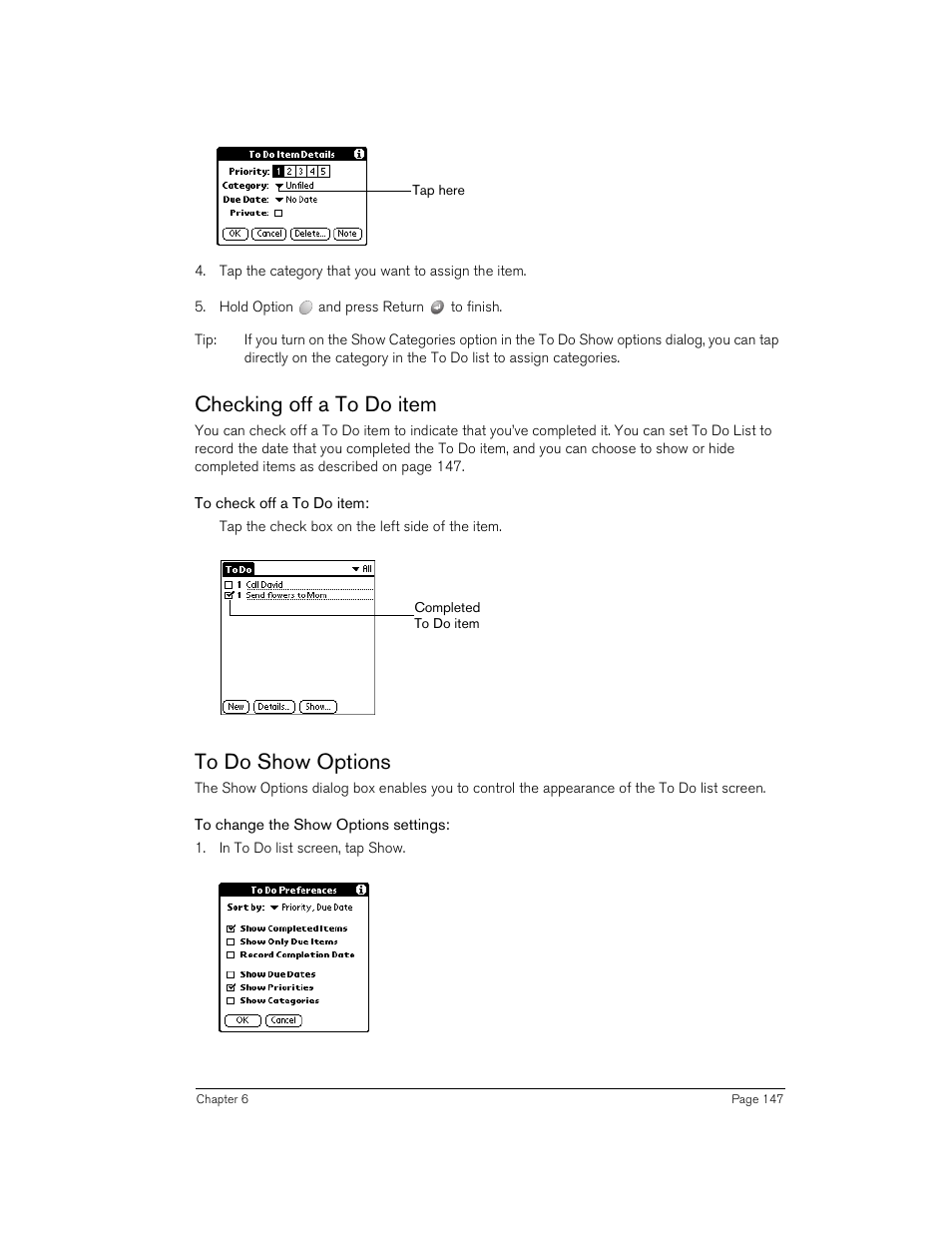 Checking off a to do item, To check off a to do item, To do show options | To change the show options settings, Checking off a to do item to do show options | Handspring 270 User Manual | Page 147 / 257